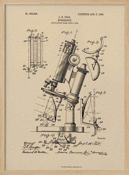 A framed art print of a vintage patent for a J. H. Ford microscope, dated April 7, 1908. The print features detailed black ink diagrams on a beige, parchment-like background, all enclosed in a simple black frame. Print