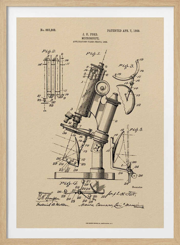 A framed art print of a vintage patent for a J. H. Ford microscope, dated April 7, 1908. The print features detailed black ink diagrams on a beige, parchment-like background, all enclosed in a simple black frame. Print