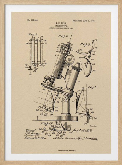 A framed art print of a vintage patent for a J. H. Ford microscope, dated April 7, 1908. The print features detailed black ink diagrams on a beige, parchment-like background, all enclosed in a simple black frame. Print