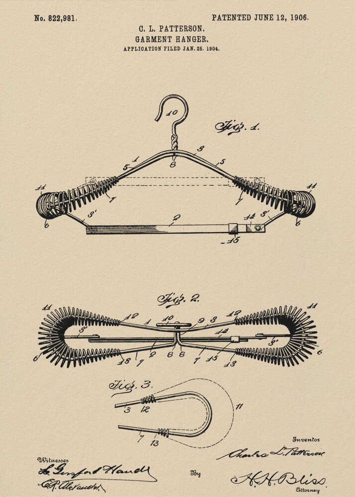 A framed vintage patent illustration for a garment hanger, dated June 12, 1906. The technical drawing is in black ink on tan-colored paper and shows multiple figures of a wire hanger with coiled springs on its arms, along with inventor and witness signatures. Wall Art