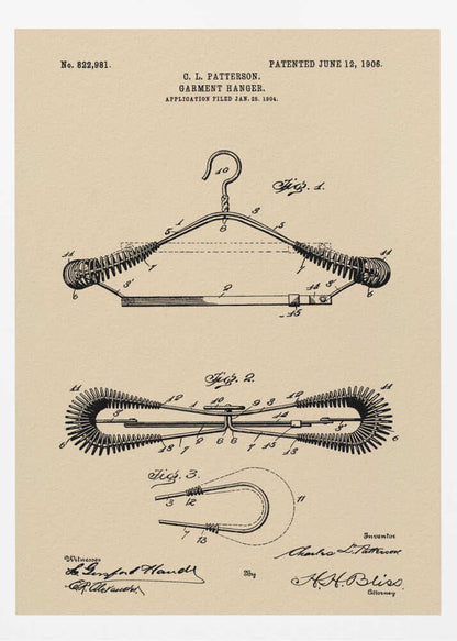 A framed vintage patent illustration for a garment hanger, dated June 12, 1906. The technical drawing is in black ink on tan-colored paper and shows multiple figures of a wire hanger with coiled springs on its arms, along with inventor and witness signatures. Wall Art