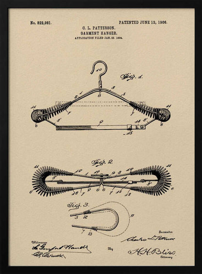 A framed vintage patent illustration for a garment hanger, dated June 12, 1906. The technical drawing is in black ink on tan-colored paper and shows multiple figures of a wire hanger with coiled springs on its arms, along with inventor and witness signatures. Wall Art
