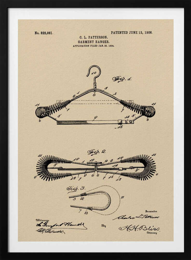 A framed vintage patent illustration for a garment hanger, dated June 12, 1906. The technical drawing is in black ink on tan-colored paper and shows multiple figures of a wire hanger with coiled springs on its arms, along with inventor and witness signatures. Wall Art