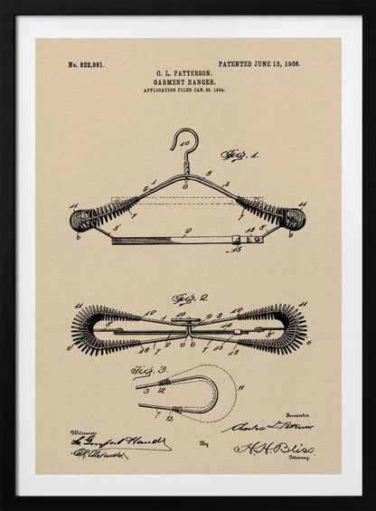 A framed vintage patent illustration for a garment hanger, dated June 12, 1906. The technical drawing is in black ink on tan-colored paper and shows multiple figures of a wire hanger with coiled springs on its arms, along with inventor and witness signatures. Wall Art