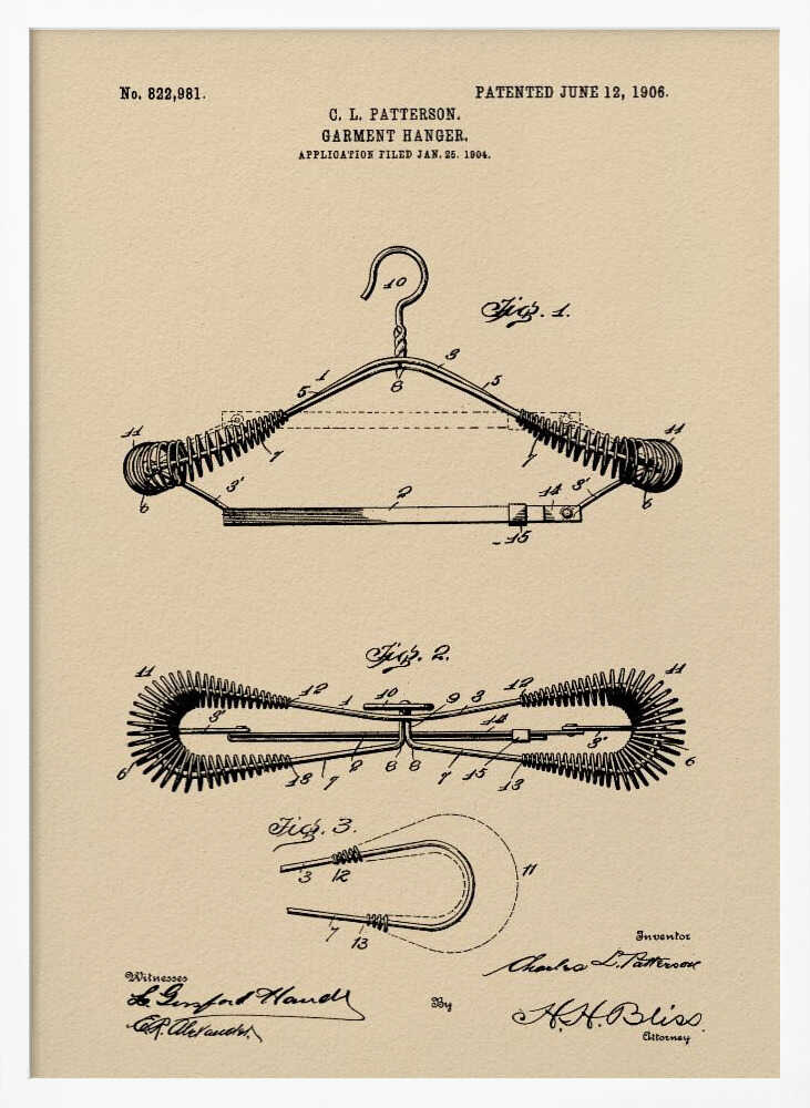 A framed vintage patent illustration for a garment hanger, dated June 12, 1906. The technical drawing is in black ink on tan-colored paper and shows multiple figures of a wire hanger with coiled springs on its arms, along with inventor and witness signatures. Wall Art