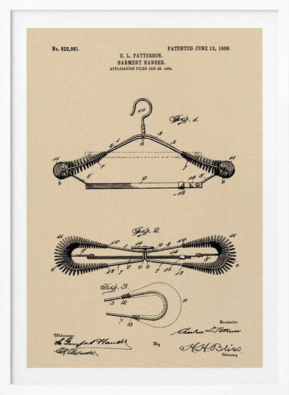 A framed vintage patent illustration for a garment hanger, dated June 12, 1906. The technical drawing is in black ink on tan-colored paper and shows multiple figures of a wire hanger with coiled springs on its arms, along with inventor and witness signatures. Wall Art