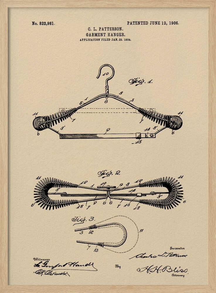 A framed vintage patent illustration for a garment hanger, dated June 12, 1906. The technical drawing is in black ink on tan-colored paper and shows multiple figures of a wire hanger with coiled springs on its arms, along with inventor and witness signatures. Wall Art
