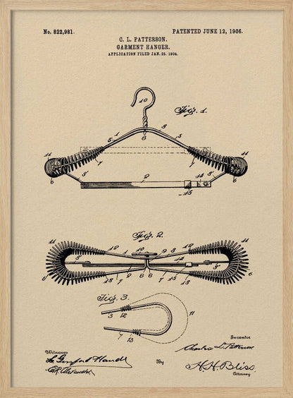 A framed vintage patent illustration for a garment hanger, dated June 12, 1906. The technical drawing is in black ink on tan-colored paper and shows multiple figures of a wire hanger with coiled springs on its arms, along with inventor and witness signatures. Wall Art