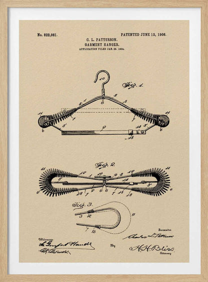 A framed vintage patent illustration for a garment hanger, dated June 12, 1906. The technical drawing is in black ink on tan-colored paper and shows multiple figures of a wire hanger with coiled springs on its arms, along with inventor and witness signatures. Wall Art