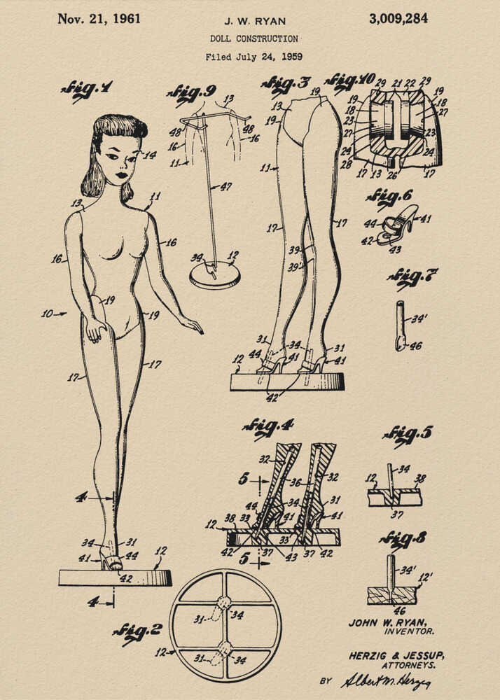 A framed vintage patent print for a 'Doll Construction' from 1961, showing detailed schematic drawings of a female doll resembling the original Barbie. The print is on beige paper with black ink and has a black frame. Wall Art