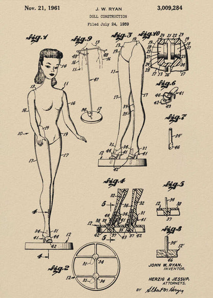 A framed vintage patent print for a 'Doll Construction' from 1961, showing detailed schematic drawings of a female doll resembling the original Barbie. The print is on beige paper with black ink and has a black frame. Wall Art