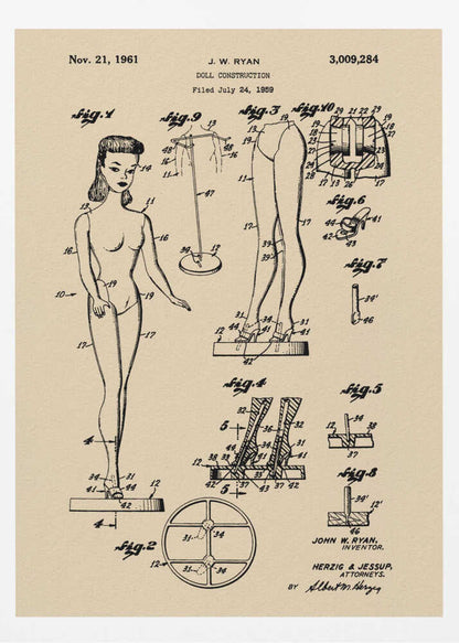 A framed vintage patent print for a 'Doll Construction' from 1961, showing detailed schematic drawings of a female doll resembling the original Barbie. The print is on beige paper with black ink and has a black frame. Wall Art