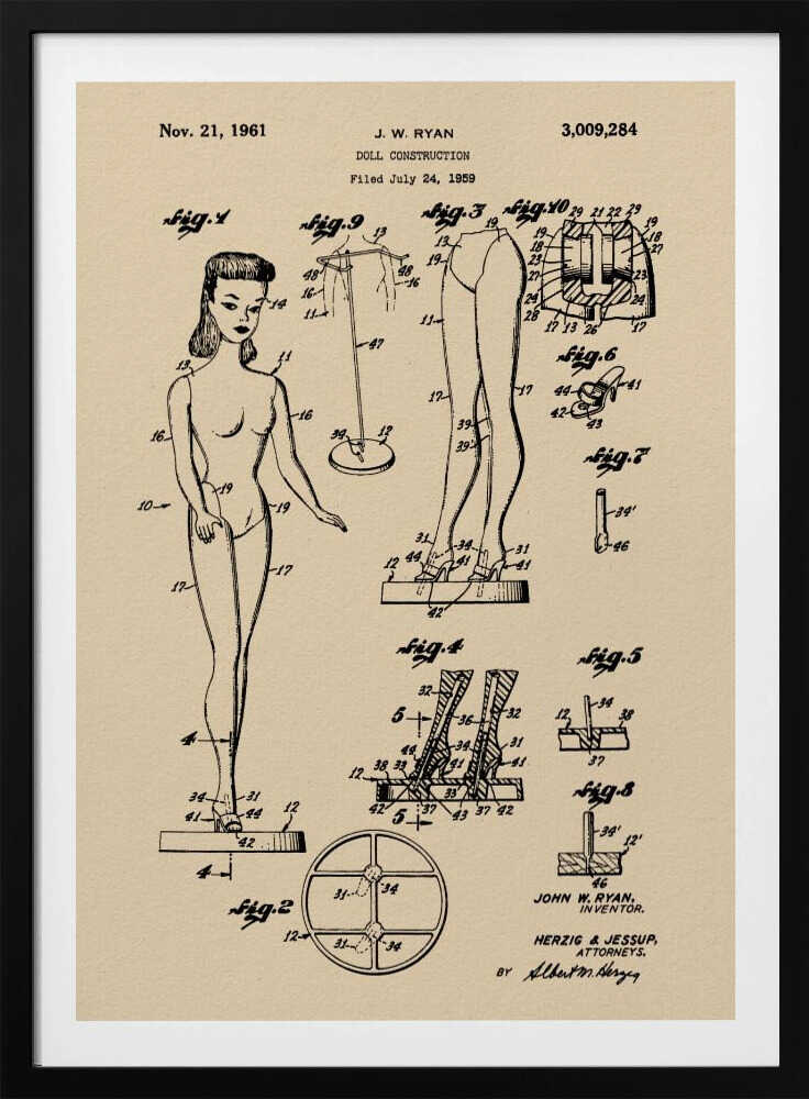 A framed vintage patent print for a 'Doll Construction' from 1961, showing detailed schematic drawings of a female doll resembling the original Barbie. The print is on beige paper with black ink and has a black frame. Wall Art