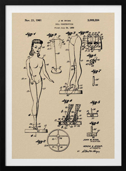A framed vintage patent print for a 'Doll Construction' from 1961, showing detailed schematic drawings of a female doll resembling the original Barbie. The print is on beige paper with black ink and has a black frame. Wall Art