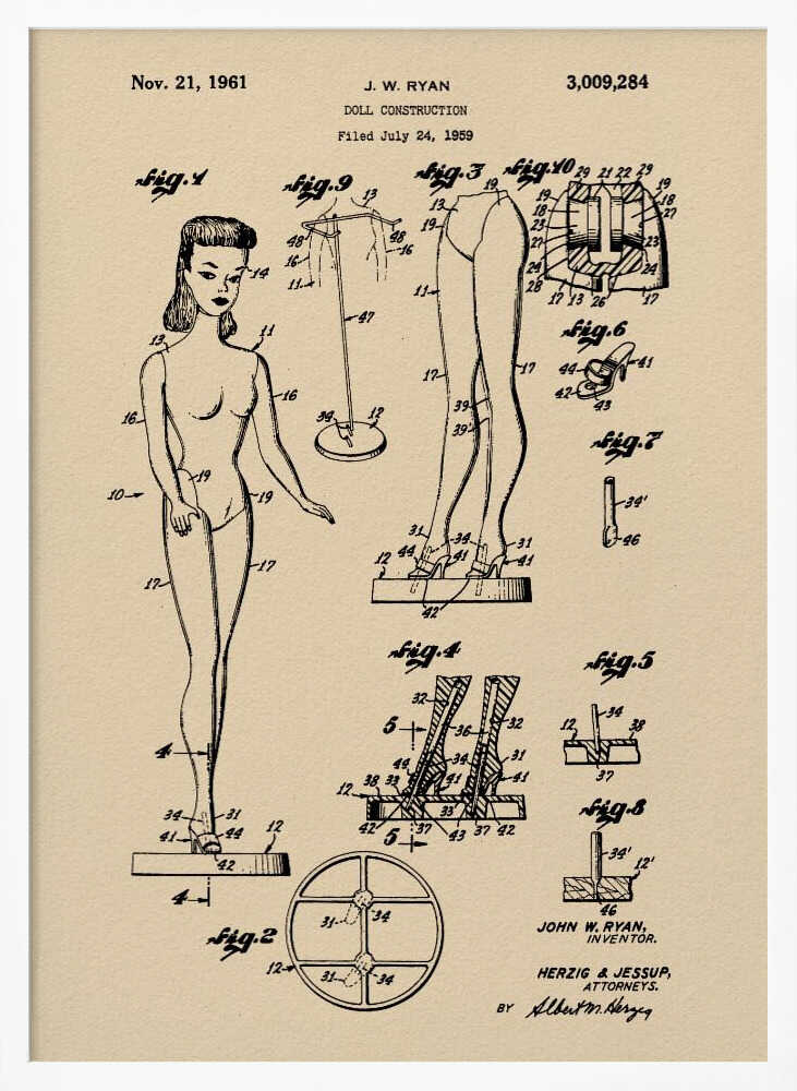 A framed vintage patent print for a 'Doll Construction' from 1961, showing detailed schematic drawings of a female doll resembling the original Barbie. The print is on beige paper with black ink and has a black frame. Wall Art