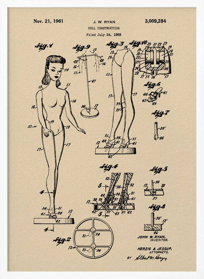 A framed vintage patent print for a 'Doll Construction' from 1961, showing detailed schematic drawings of a female doll resembling the original Barbie. The print is on beige paper with black ink and has a black frame. Wall Art