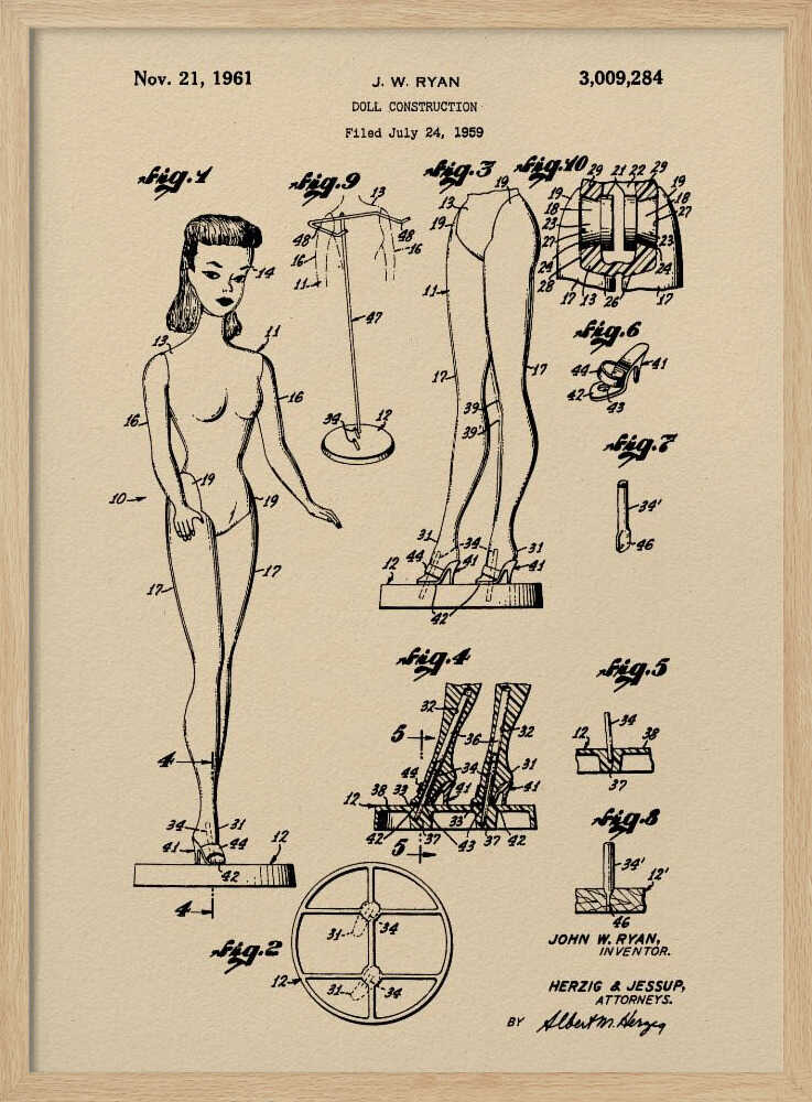 A framed vintage patent print for a 'Doll Construction' from 1961, showing detailed schematic drawings of a female doll resembling the original Barbie. The print is on beige paper with black ink and has a black frame. Wall Art