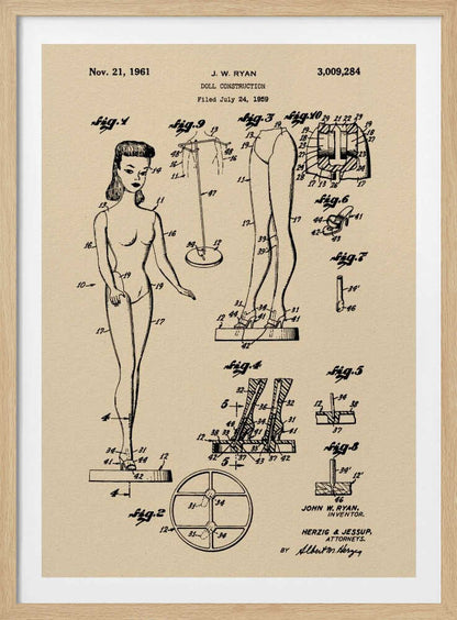 A framed vintage patent print for a 'Doll Construction' from 1961, showing detailed schematic drawings of a female doll resembling the original Barbie. The print is on beige paper with black ink and has a black frame. Wall Art