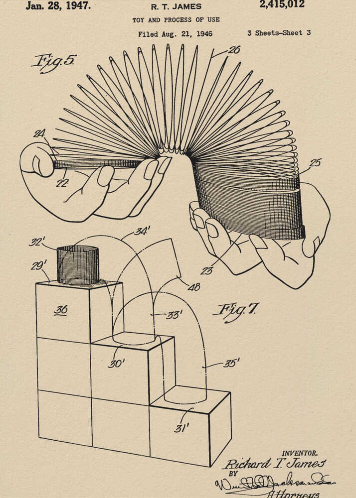 A framed vintage patent illustration for the Slinky toy on beige paper. The drawing, dated 1947, shows two diagrams: one with hands stretching the coiled spring toy, and another demonstrating the toy 'walking' down a set of blocks. Wall Art