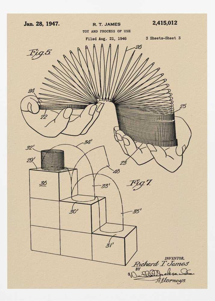 A framed vintage patent illustration for the Slinky toy on beige paper. The drawing, dated 1947, shows two diagrams: one with hands stretching the coiled spring toy, and another demonstrating the toy 'walking' down a set of blocks. Wall Art