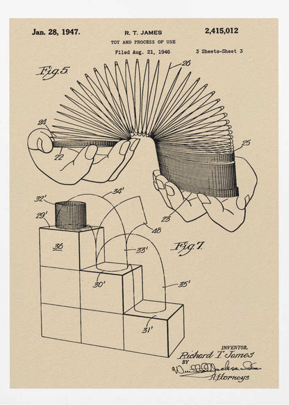 A framed vintage patent illustration for the Slinky toy on beige paper. The drawing, dated 1947, shows two diagrams: one with hands stretching the coiled spring toy, and another demonstrating the toy 'walking' down a set of blocks. Wall Art
