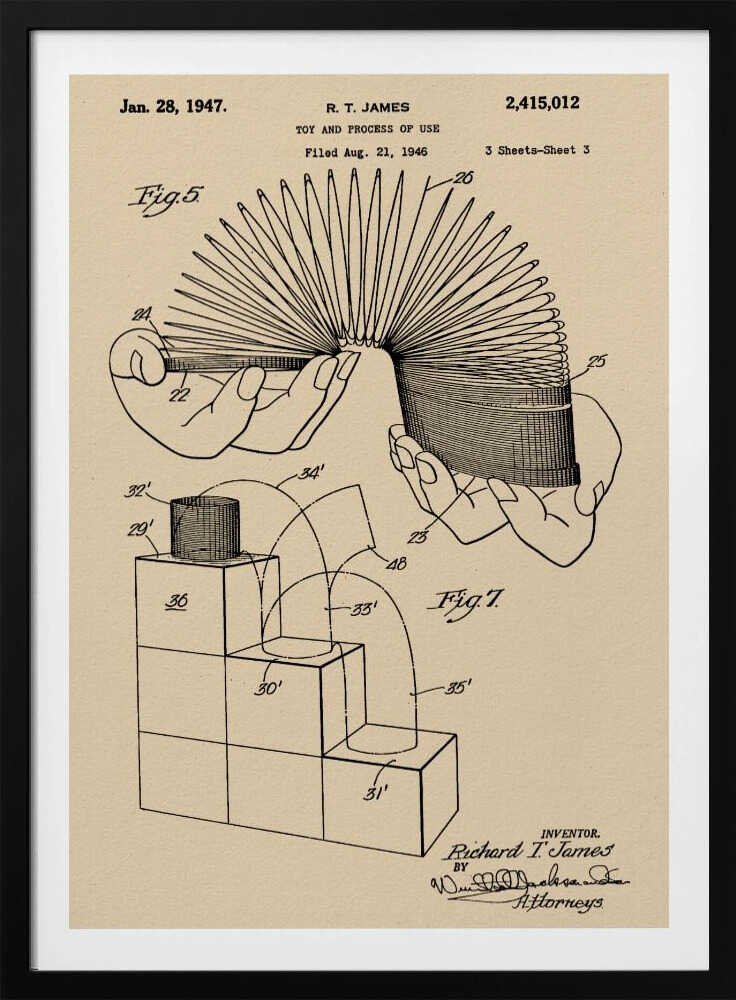 A framed vintage patent illustration for the Slinky toy on beige paper. The drawing, dated 1947, shows two diagrams: one with hands stretching the coiled spring toy, and another demonstrating the toy 'walking' down a set of blocks. Wall Art