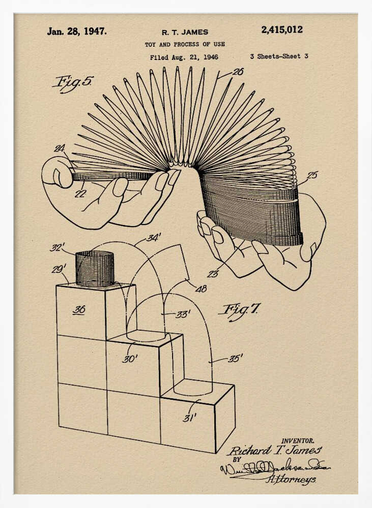 A framed vintage patent illustration for the Slinky toy on beige paper. The drawing, dated 1947, shows two diagrams: one with hands stretching the coiled spring toy, and another demonstrating the toy 'walking' down a set of blocks. Wall Art