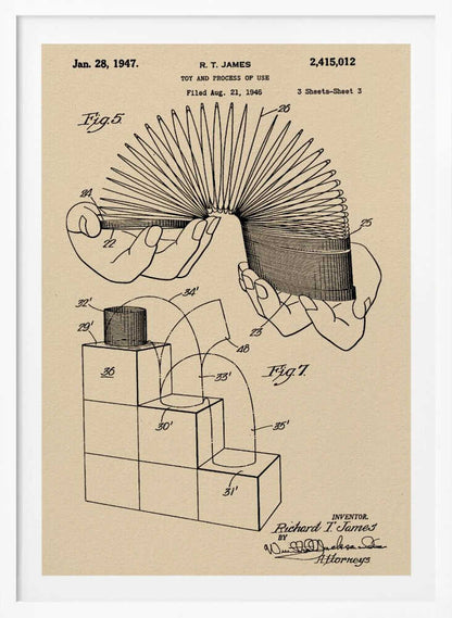 A framed vintage patent illustration for the Slinky toy on beige paper. The drawing, dated 1947, shows two diagrams: one with hands stretching the coiled spring toy, and another demonstrating the toy 'walking' down a set of blocks. Wall Art