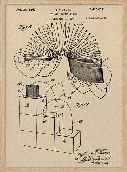 A framed vintage patent illustration for the Slinky toy on beige paper. The drawing, dated 1947, shows two diagrams: one with hands stretching the coiled spring toy, and another demonstrating the toy 'walking' down a set of blocks. Wall Art