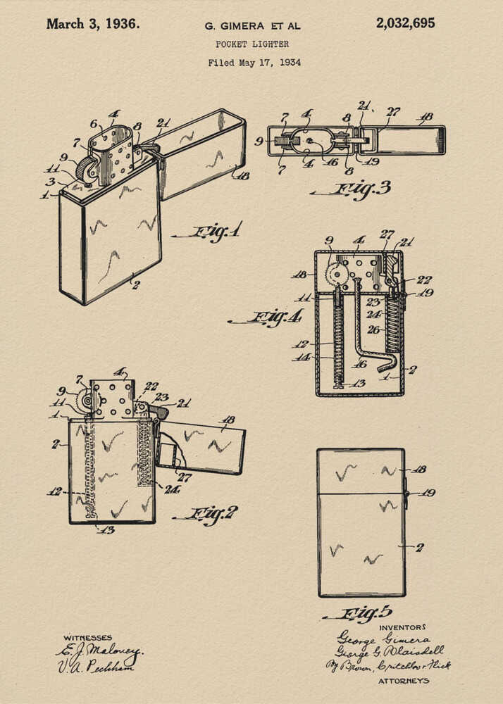 A framed vintage patent illustration for a pocket lighter, dated March 3, 1936. The print, on beige parchment-style paper, features several black-line technical drawings of the lighter's mechanism from different angles. It is presented in a simple black frame. Poster