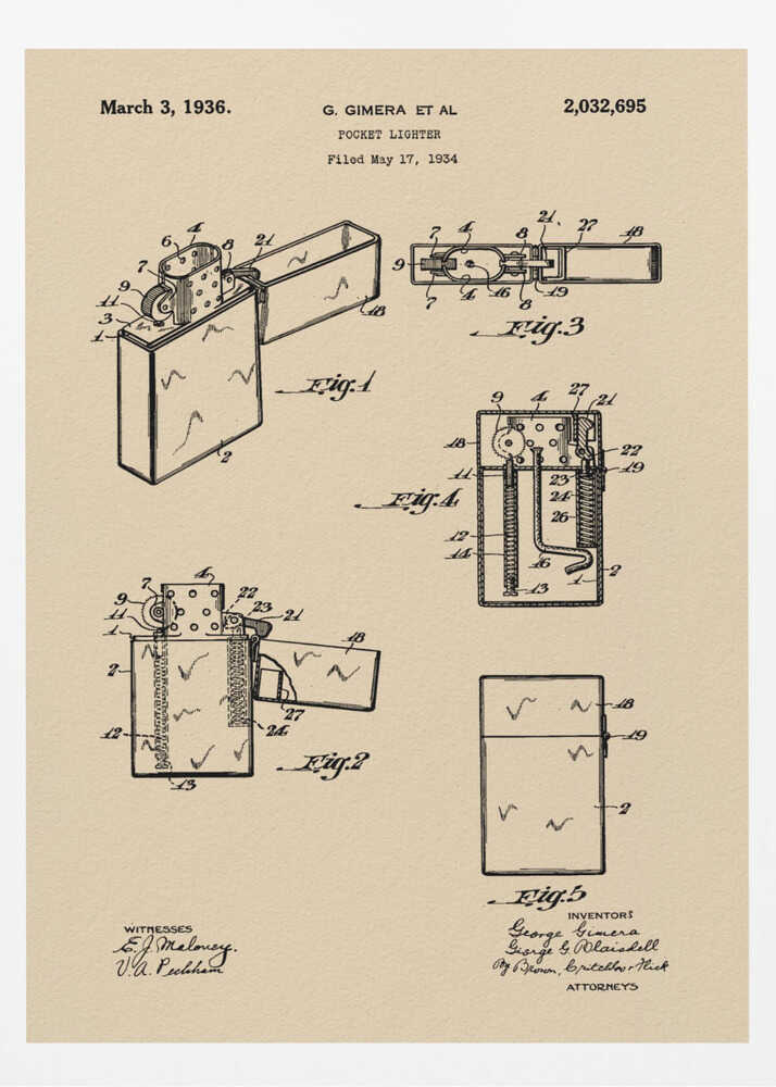 A framed vintage patent illustration for a pocket lighter, dated March 3, 1936. The print, on beige parchment-style paper, features several black-line technical drawings of the lighter's mechanism from different angles. It is presented in a simple black frame. Poster