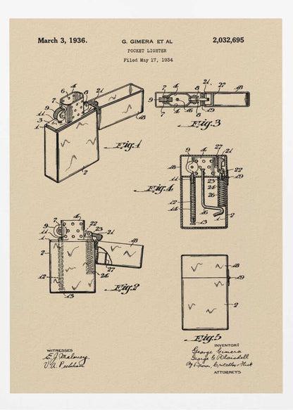 A framed vintage patent illustration for a pocket lighter, dated March 3, 1936. The print, on beige parchment-style paper, features several black-line technical drawings of the lighter's mechanism from different angles. It is presented in a simple black frame. Poster