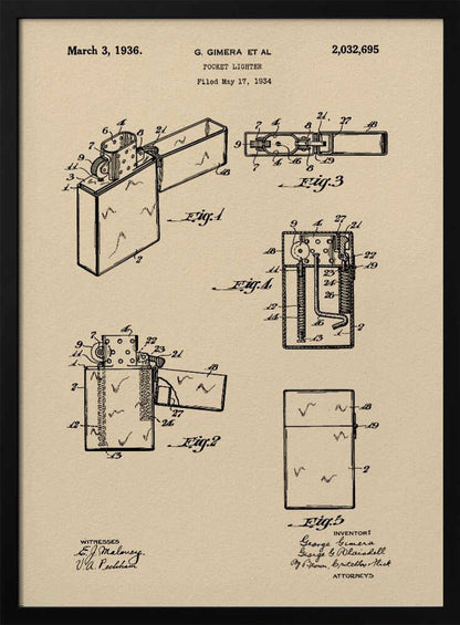 A framed vintage patent illustration for a pocket lighter, dated March 3, 1936. The print, on beige parchment-style paper, features several black-line technical drawings of the lighter's mechanism from different angles. It is presented in a simple black frame. Poster