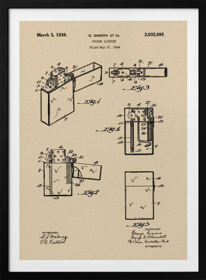A framed vintage patent illustration for a pocket lighter, dated March 3, 1936. The print, on beige parchment-style paper, features several black-line technical drawings of the lighter's mechanism from different angles. It is presented in a simple black frame. Poster