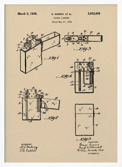 A framed vintage patent illustration for a pocket lighter, dated March 3, 1936. The print, on beige parchment-style paper, features several black-line technical drawings of the lighter's mechanism from different angles. It is presented in a simple black frame. Poster