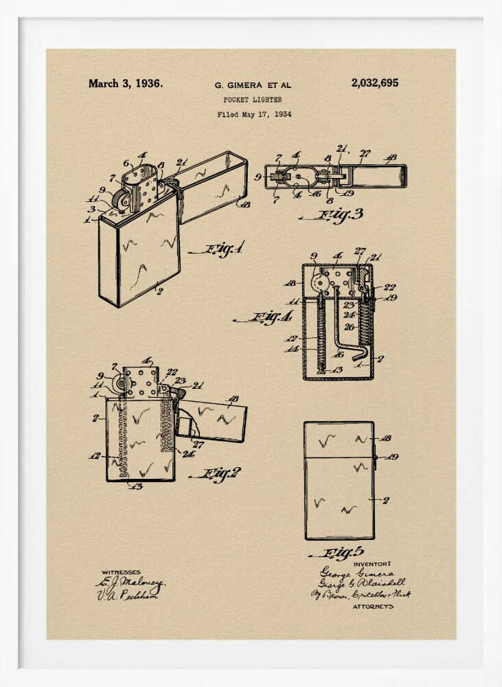 A framed vintage patent illustration for a pocket lighter, dated March 3, 1936. The print, on beige parchment-style paper, features several black-line technical drawings of the lighter's mechanism from different angles. It is presented in a simple black frame. Poster