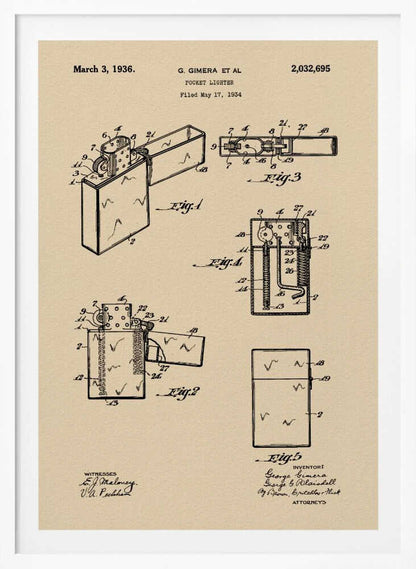 A framed vintage patent illustration for a pocket lighter, dated March 3, 1936. The print, on beige parchment-style paper, features several black-line technical drawings of the lighter's mechanism from different angles. It is presented in a simple black frame. Poster