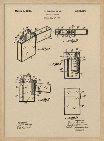 A framed vintage patent illustration for a pocket lighter, dated March 3, 1936. The print, on beige parchment-style paper, features several black-line technical drawings of the lighter's mechanism from different angles. It is presented in a simple black frame. Poster