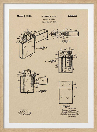 A framed vintage patent illustration for a pocket lighter, dated March 3, 1936. The print, on beige parchment-style paper, features several black-line technical drawings of the lighter's mechanism from different angles. It is presented in a simple black frame. Poster