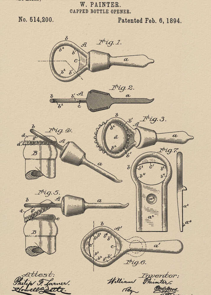 A framed vintage patent illustration for a 'Capped Bottle Opener' by W. Painter, dated February 6, 1894. The drawing, in black ink on beige paper, shows several figures detailing the design and function of the invention, complete with technical labels and signatures. Poster