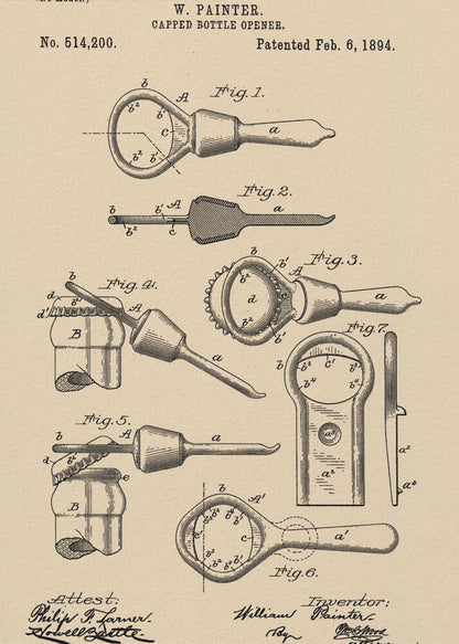 A framed vintage patent illustration for a 'Capped Bottle Opener' by W. Painter, dated February 6, 1894. The drawing, in black ink on beige paper, shows several figures detailing the design and function of the invention, complete with technical labels and signatures. Poster