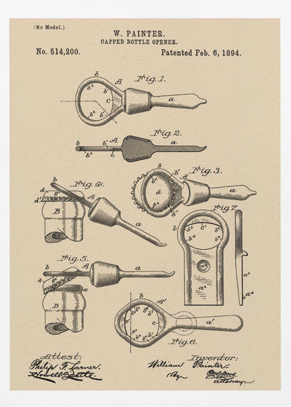 A framed vintage patent illustration for a 'Capped Bottle Opener' by W. Painter, dated February 6, 1894. The drawing, in black ink on beige paper, shows several figures detailing the design and function of the invention, complete with technical labels and signatures. Poster