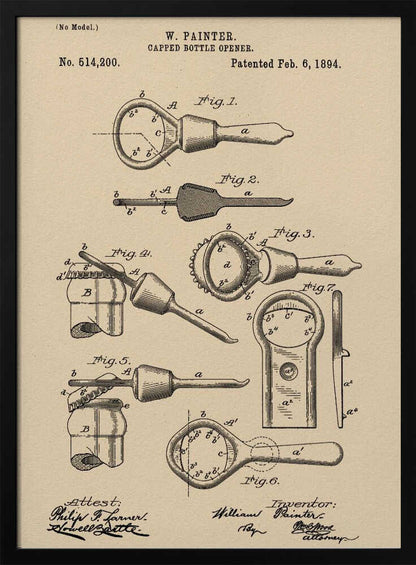 A framed vintage patent illustration for a 'Capped Bottle Opener' by W. Painter, dated February 6, 1894. The drawing, in black ink on beige paper, shows several figures detailing the design and function of the invention, complete with technical labels and signatures. Poster