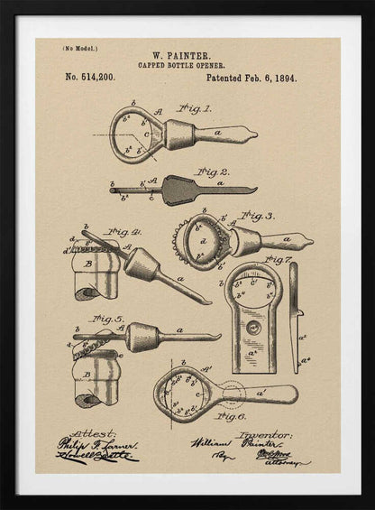 A framed vintage patent illustration for a 'Capped Bottle Opener' by W. Painter, dated February 6, 1894. The drawing, in black ink on beige paper, shows several figures detailing the design and function of the invention, complete with technical labels and signatures. Poster
