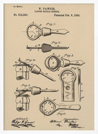A framed vintage patent illustration for a 'Capped Bottle Opener' by W. Painter, dated February 6, 1894. The drawing, in black ink on beige paper, shows several figures detailing the design and function of the invention, complete with technical labels and signatures. Poster