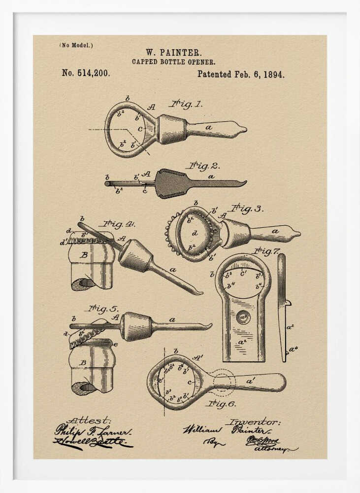 A framed vintage patent illustration for a 'Capped Bottle Opener' by W. Painter, dated February 6, 1894. The drawing, in black ink on beige paper, shows several figures detailing the design and function of the invention, complete with technical labels and signatures. Poster