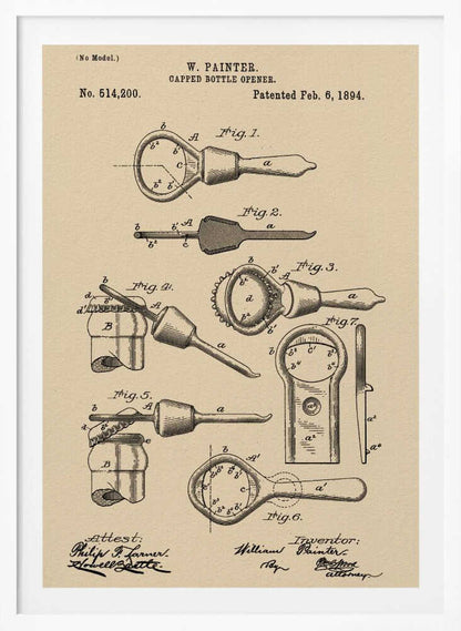 A framed vintage patent illustration for a 'Capped Bottle Opener' by W. Painter, dated February 6, 1894. The drawing, in black ink on beige paper, shows several figures detailing the design and function of the invention, complete with technical labels and signatures. Poster