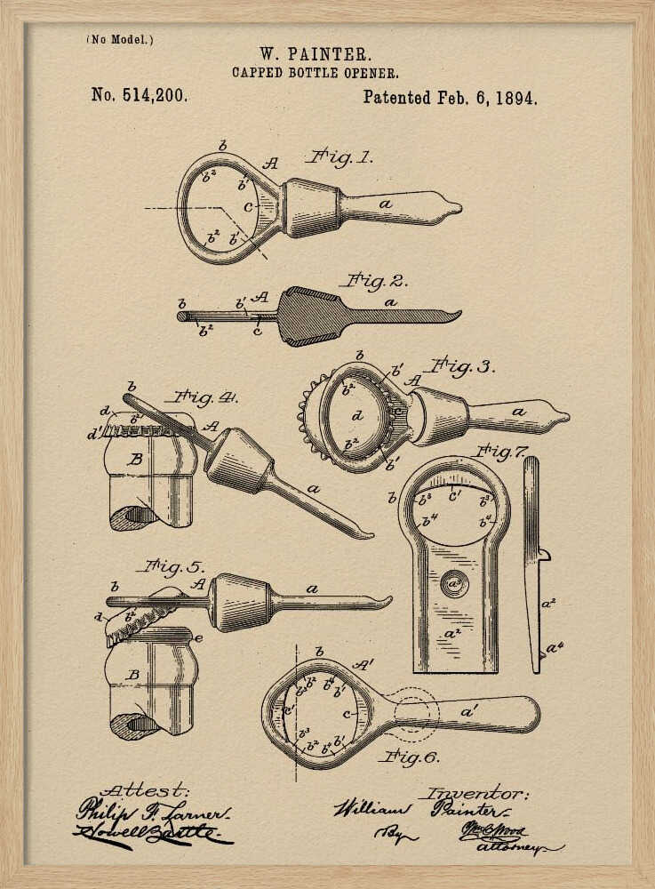 A framed vintage patent illustration for a 'Capped Bottle Opener' by W. Painter, dated February 6, 1894. The drawing, in black ink on beige paper, shows several figures detailing the design and function of the invention, complete with technical labels and signatures. Poster