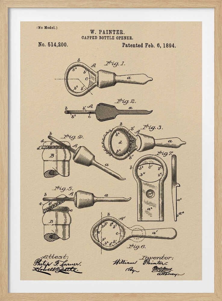 A framed vintage patent illustration for a 'Capped Bottle Opener' by W. Painter, dated February 6, 1894. The drawing, in black ink on beige paper, shows several figures detailing the design and function of the invention, complete with technical labels and signatures. Poster