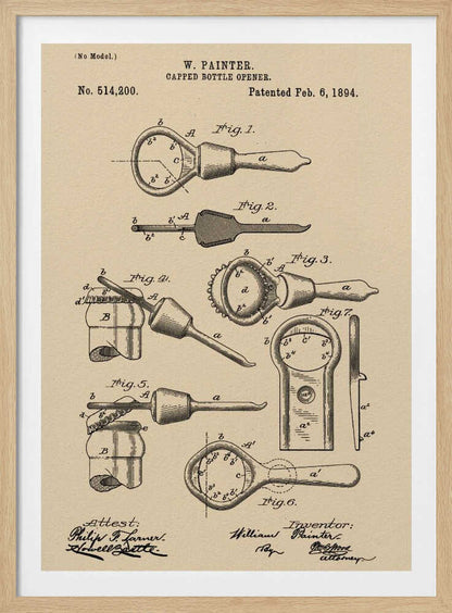 A framed vintage patent illustration for a 'Capped Bottle Opener' by W. Painter, dated February 6, 1894. The drawing, in black ink on beige paper, shows several figures detailing the design and function of the invention, complete with technical labels and signatures. Poster